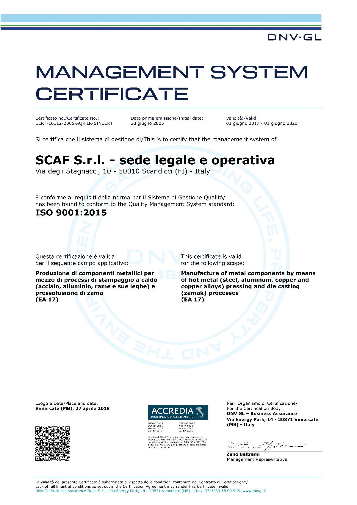 Certificazione scaf srl iso 9001 2017-2020
